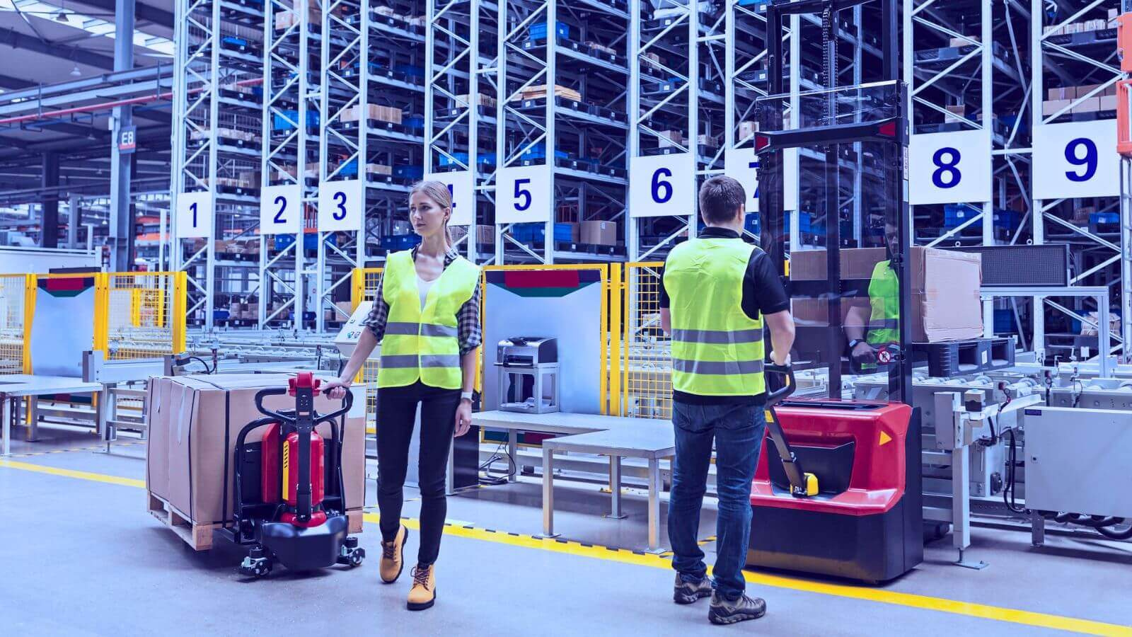 Nowoczesny magazyn z robotami AGV, automatycznymi regałami i operatorami przy panelach sterujących