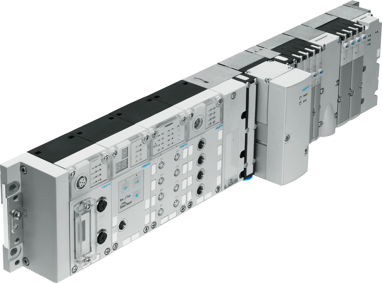 Modułowy terminal Festo CPX z płytą bazową zaworami pneumatycznymi i złączami elektrycznymi